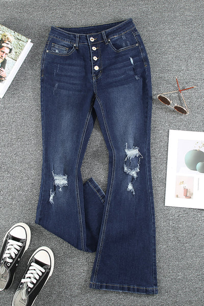 Distressed Button Fly Flare Jeans