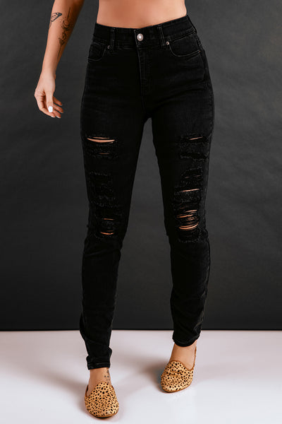 High Waist Distressed Skinny Jeans with Pockets
