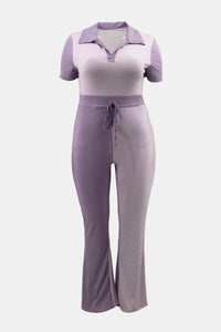 Plus Size Two-Tone Ribbed Top and Drawstring Pants Set