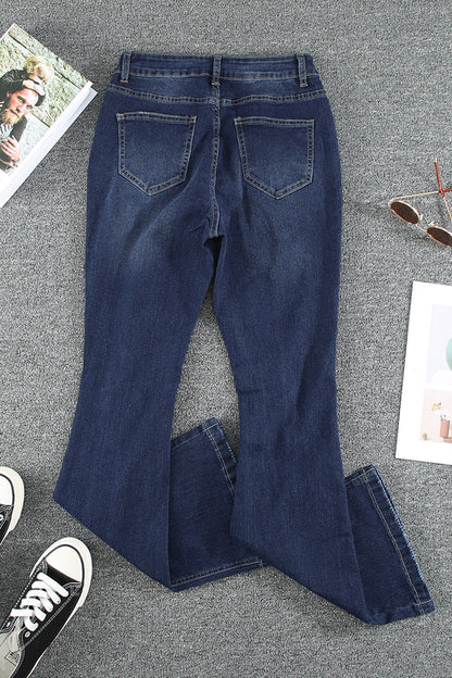 Distressed Button Fly Flare Jeans