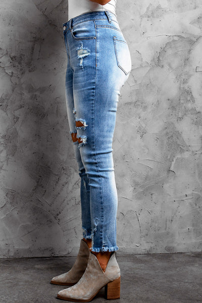 High Waist Frayed Hem Distressed Skinny Jeans