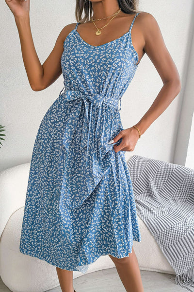 Ditsy Floral Belted Spaghetti Strap Pleated Dress