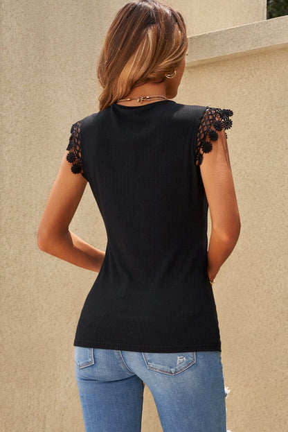 Capped Sleeve V-Neck Ribbed Top