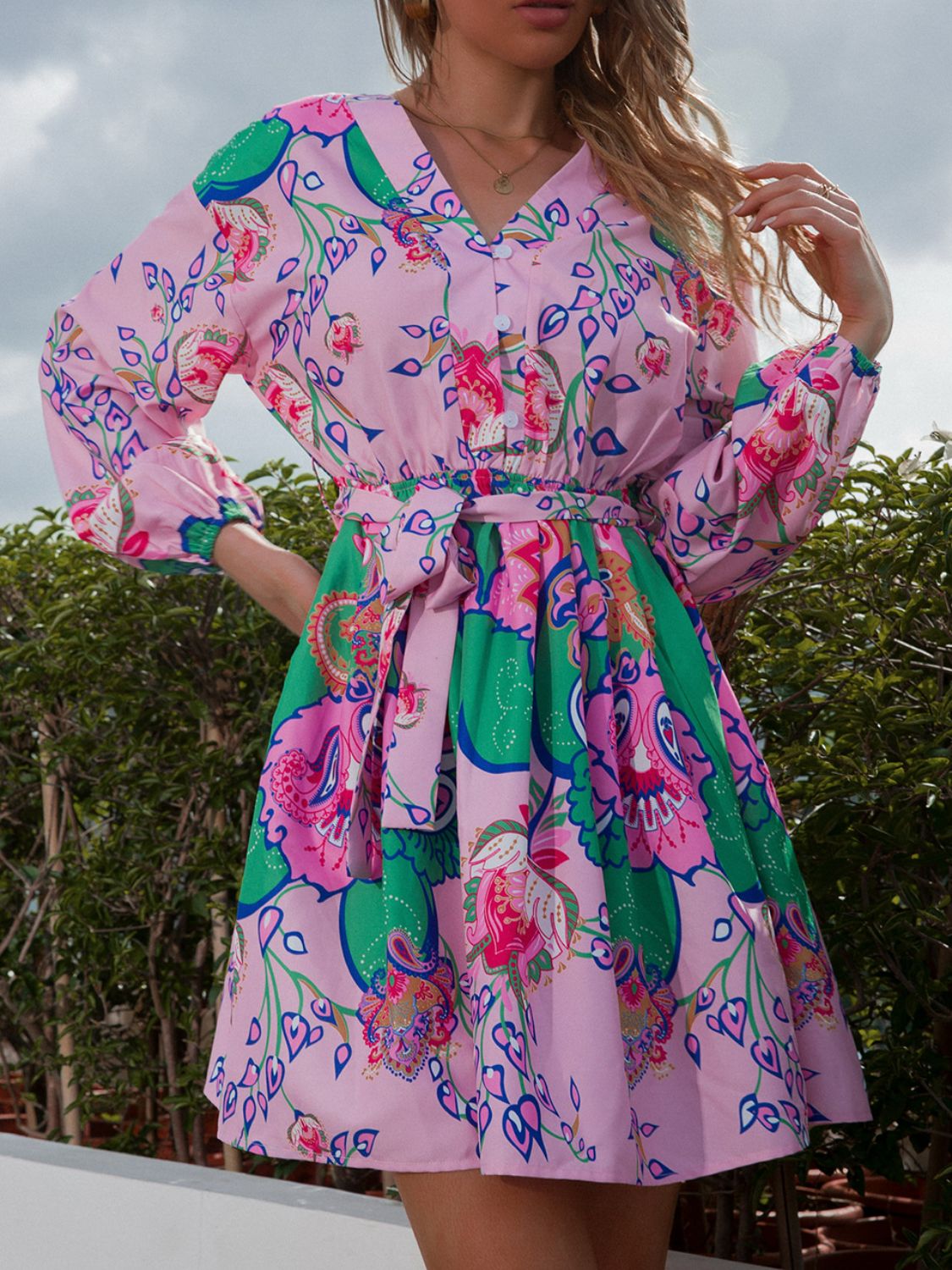 Floral Belted Button Front Balloon Sleeve Dress