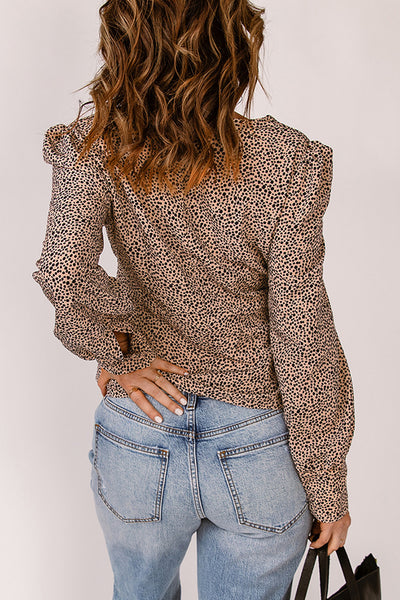Printed Puff Sleeve Button Front Blouse