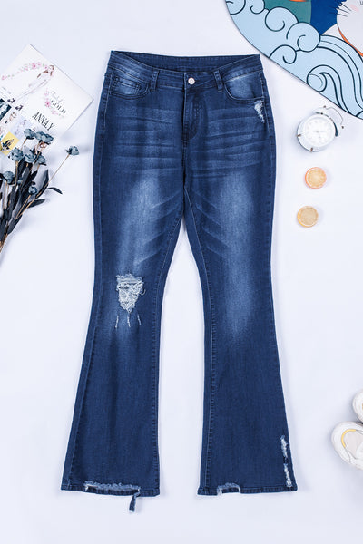 High Waist Distressed Flared Jeans