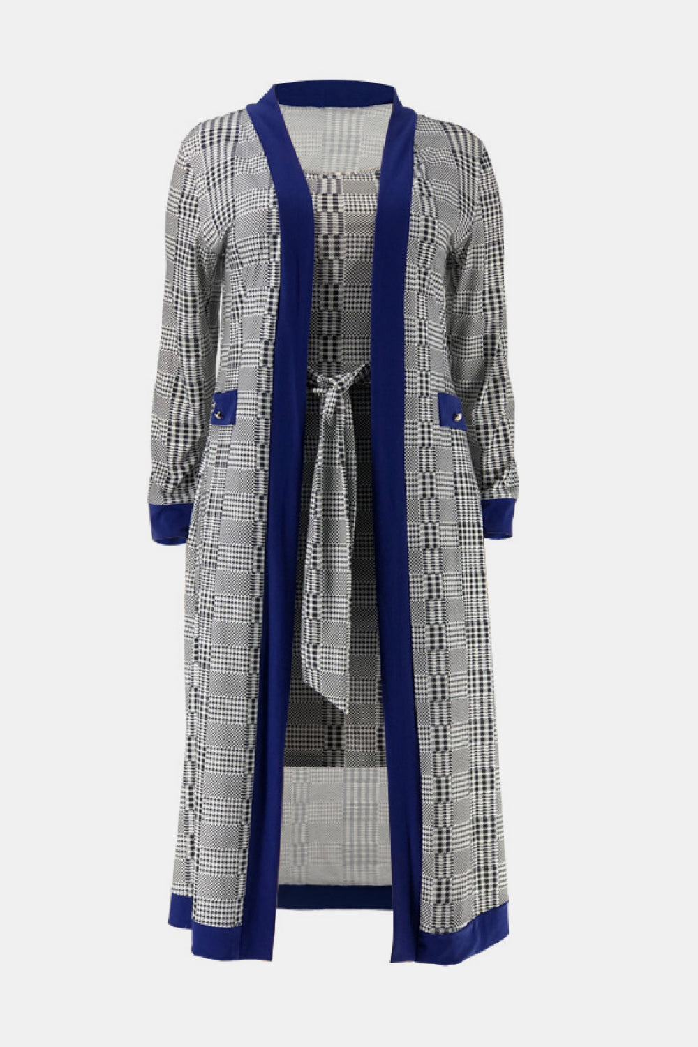 Plus Size Plaid Belted Sleeveless Dress and Contrast Duster Kimono Set