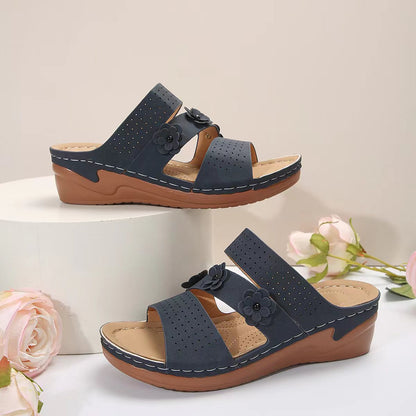 Flower PU Leather Wedge Sandals