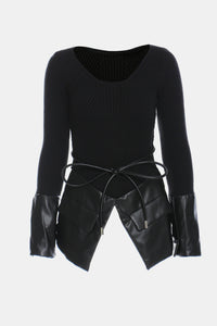 Spliced PU Leather Ribbed Sweater