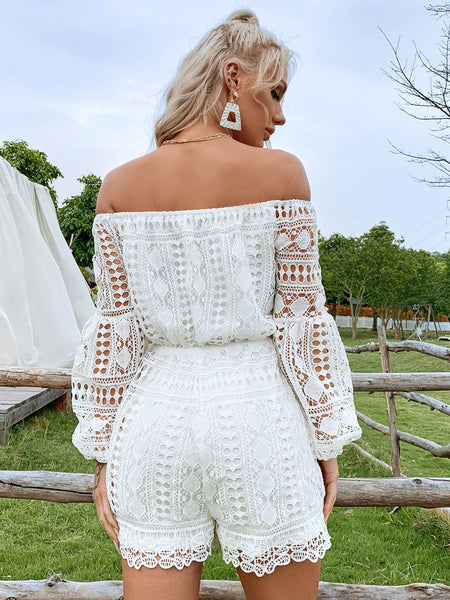 Lace Off-Shoulder Balloon Sleeve Romper