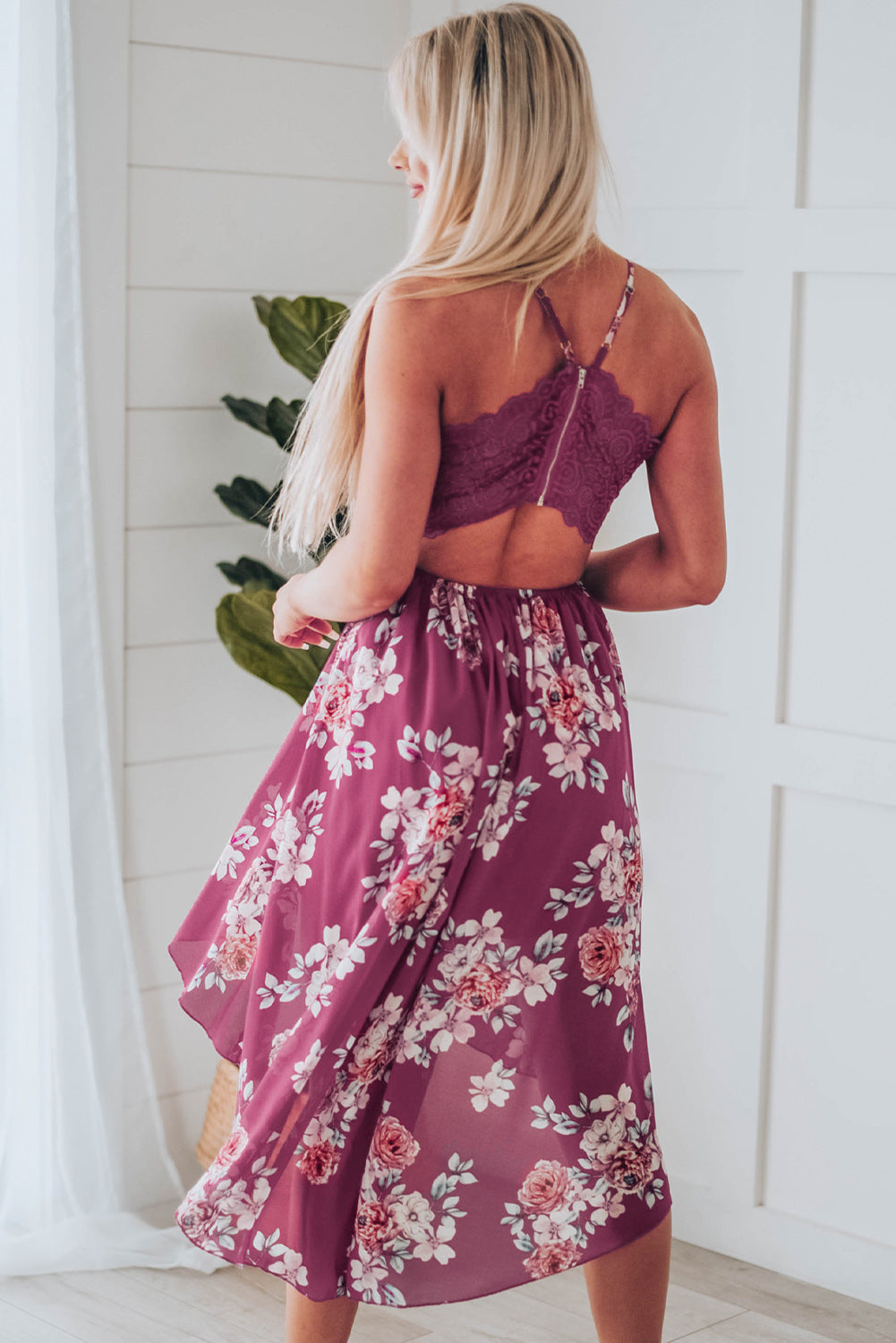 Floral Cutout High-Low Lace Back Dress