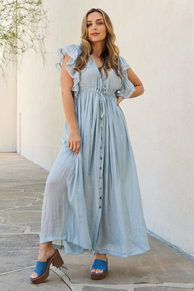 Sweet Lovely By Jen Full Size Drawstring Deep V Butterfly Sleeve Maxi Dress