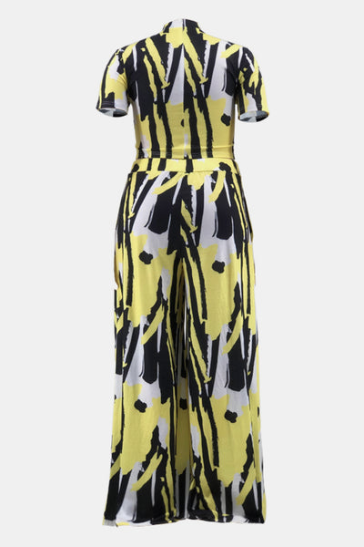Plus Size Abstract Print Top and Wide Leg Pants Set with Pockets