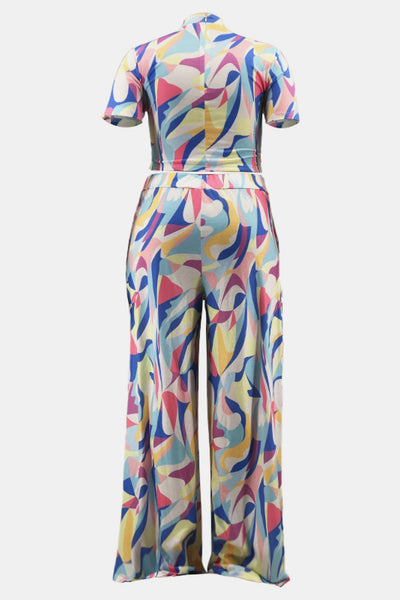 Plus Size Abstract Print Top and Wide Leg Pants Set with Pockets