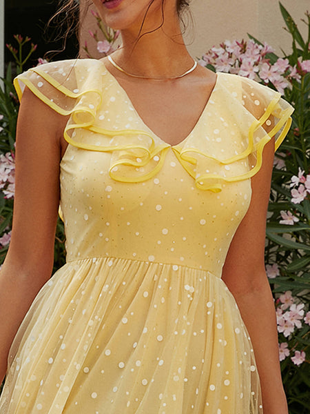 Polka Dot Rhinestone Detail Ruffled Tulle Dress