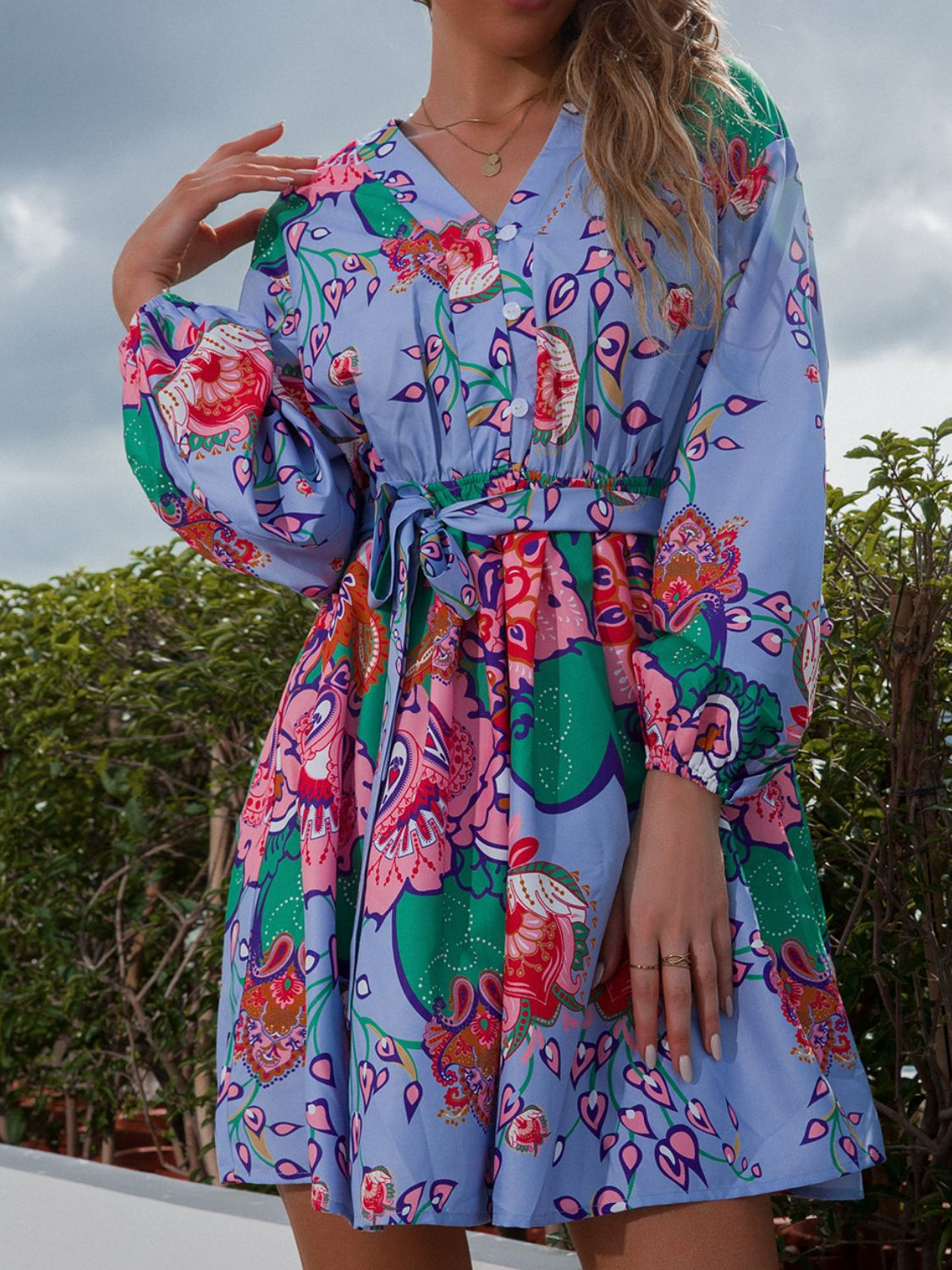 Floral Belted Button Front Balloon Sleeve Dress
