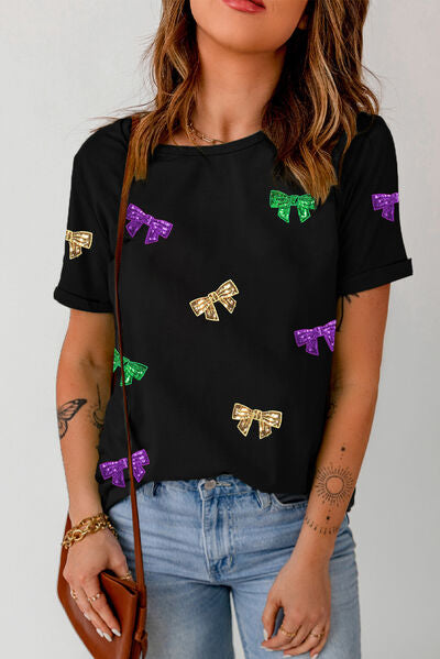 Bow Print Sequin Round Neck Short Sleeve T-Shirt