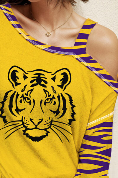 Tiger Graphic Asymmetrical Neck Long Sleeve T-Shirt