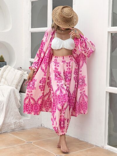 Printed Open Front Top and Pants Set