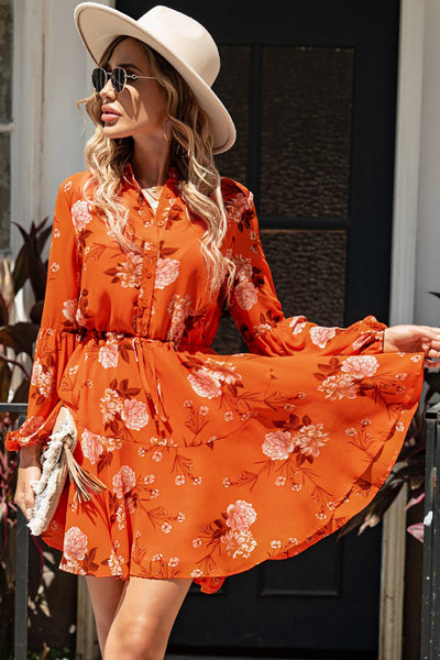 Floral Buttoned Puff Sleeve Tiered Dress