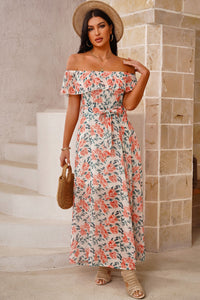 Floral Off-Shoulder Fold-Over Belted Maxi Dress
