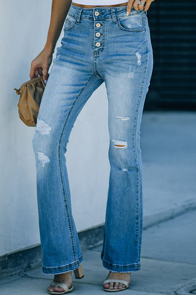 Button Fly Distressed Flared Jeans