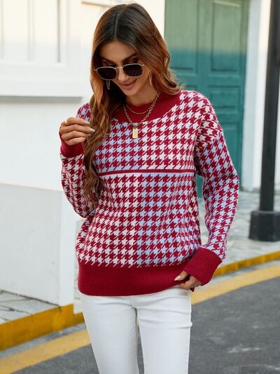 Houndstooth Round Neck Dropped Shoulder Sweater