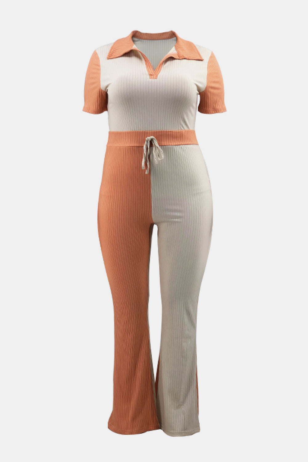 Plus Size Two-Tone Ribbed Top and Drawstring Pants Set