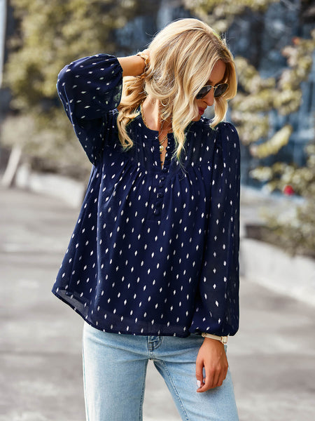 Printed Half Button Gathered Detail Blouse