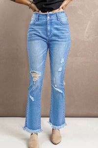 High Waist Distressed Raw Hem Jeans