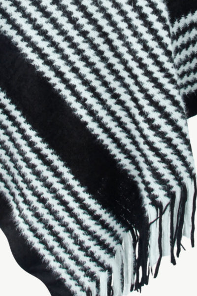 Striped V-Neck Three-Quarter Sleeve Fringed Poncho