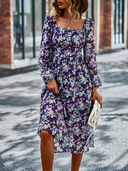 Floral Square Neck Smocked Balloon Sleeve Dress